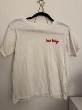 J. Crew White Crewneck Tee with Red 'Ciao baby' Embroidery